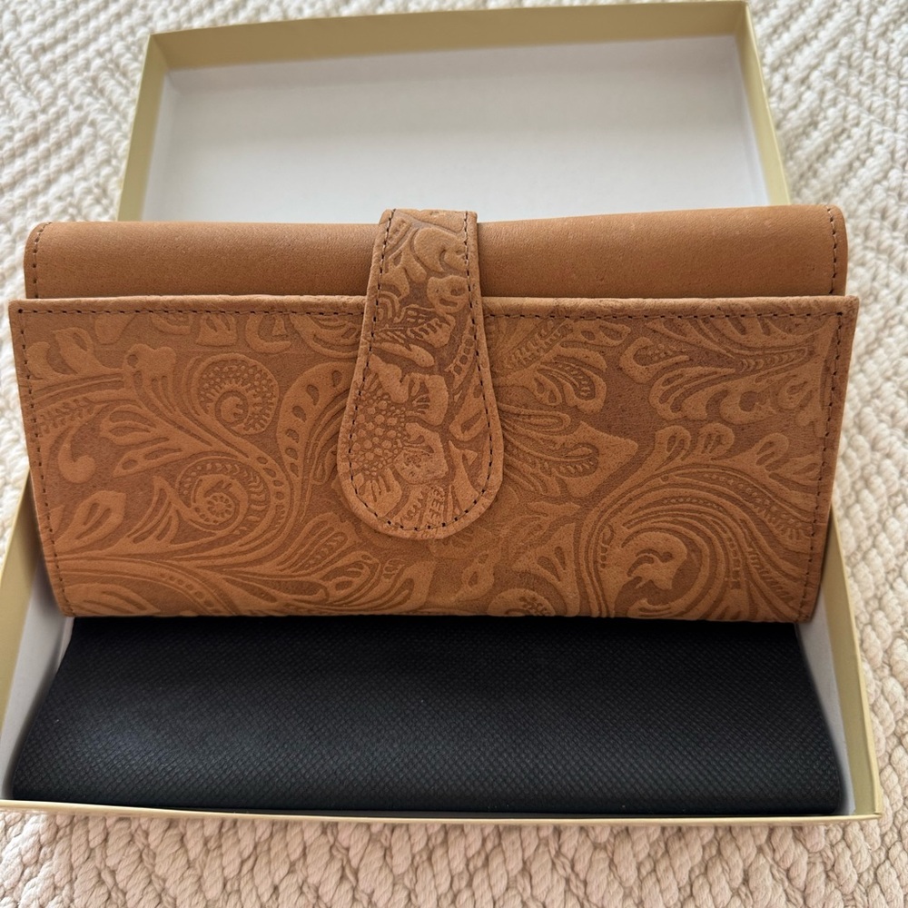 Brown Embossed Leather Wallet with Flap Closure
